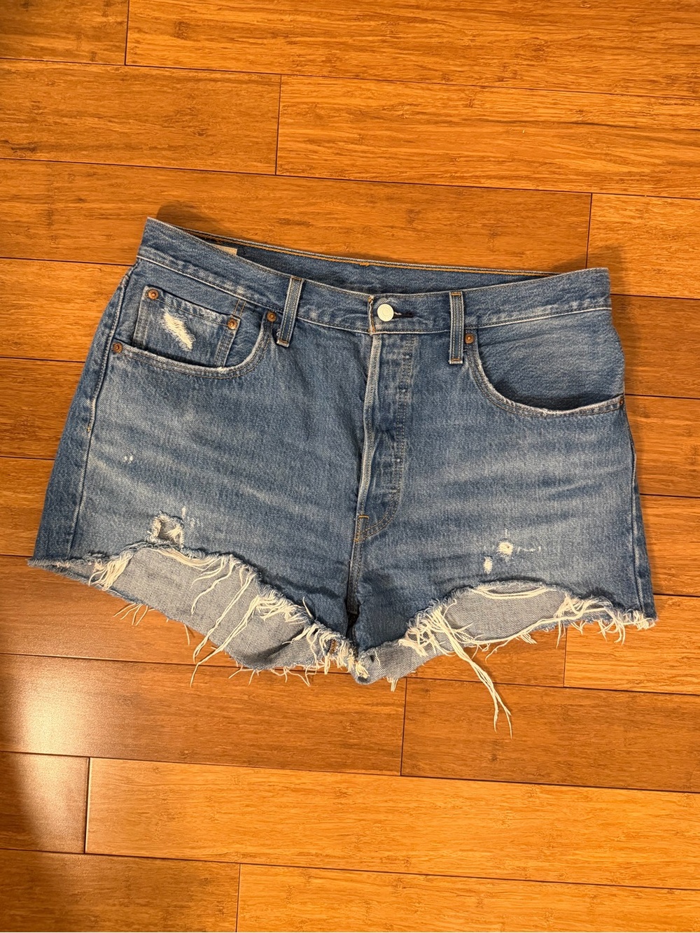 Levi's Distressed Frayed Hem Denim Shorts - Blue